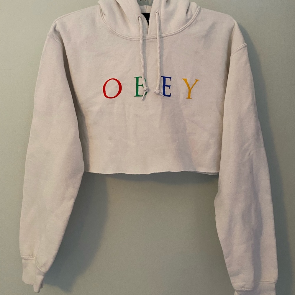 White Obey Cropped Hoodie